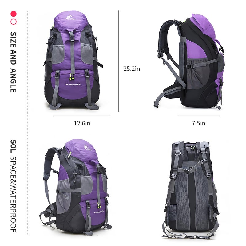 Bseash 50L Hiking Backpack, Water Resistant Lightweight Outdoor Sport Daypack Travel Bag for Camping Climbing Skiing Cycling (Purple - No Shoe Compartment) - Image 2